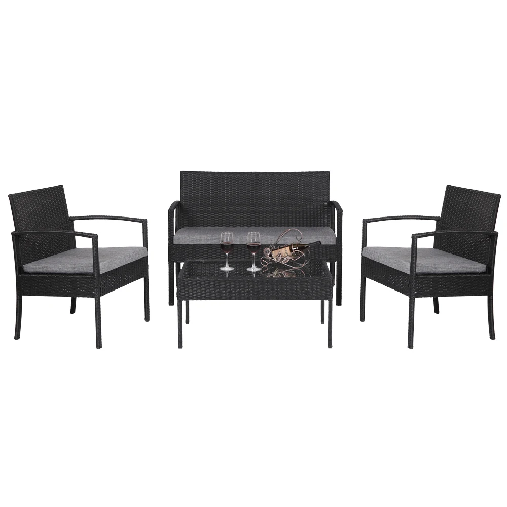

4 PCS Outdoor Patio Rattan Wicker Furniture Set with Table Sofa Cushioned Black