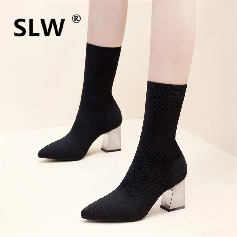 Обувь Bootee/ г.; женские сапоги; чулки; носки со шнуровкой; ботильоны черного цвета с острым носком; весенние ботинки на высоком каблуке из микрофибры на шнуровке в римском стиле