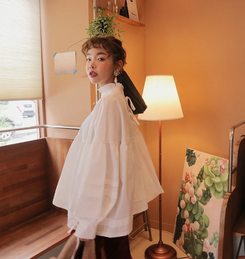  SuperAen Korean Style Women Shirt Solid Color Cotton Casual Wild Stand Collar Blouses and Tops Fema