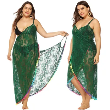 

2019 Plus Size Beach Cover Up Sexy Perspective Lace Stitching Color Fringed Irregular Sling Beach Skirt See-through Beach Dress