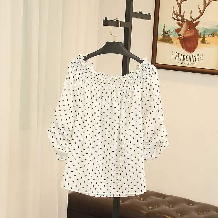 Summer Sweet Blouse Women Plus Size 3 XL Casual Lace Up Bow Polka Dot Blouse Shirt SWM889