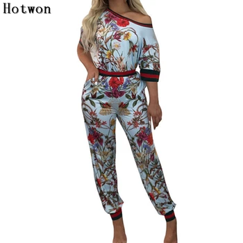 

Women Jumpsuit 2 Piece Outfits Floral Printed Top Long Pants Bodycon Casual Set