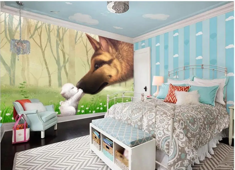 modern living room wallpapers Cartoon wolf and small animal children room background wall modern living room wallpapers Cartoon wolf and small animal children room background wall