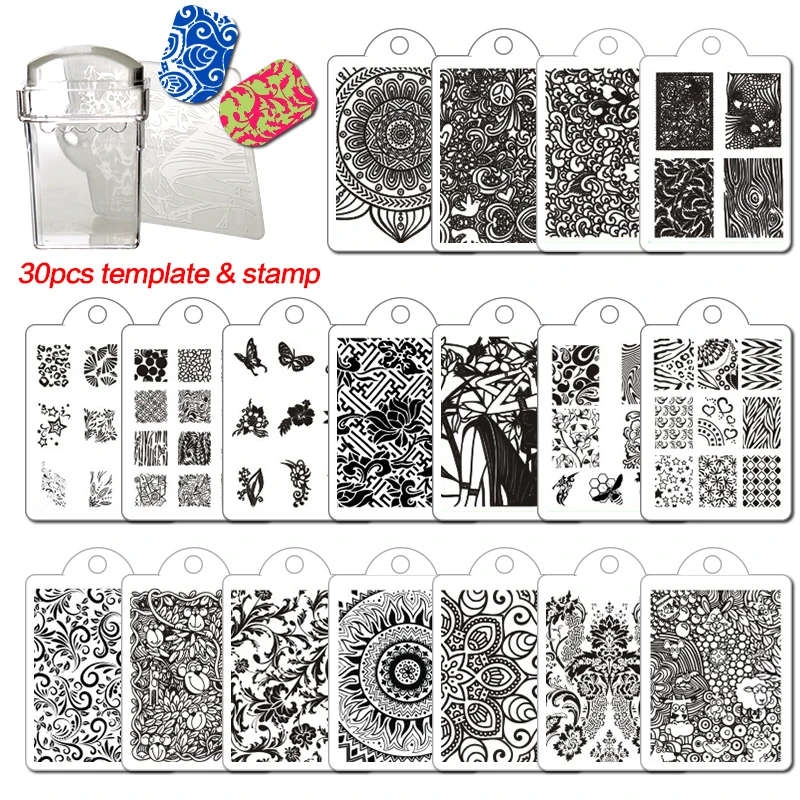

Dmoley Plastic Nail Stamping Plates Set + Clear Stamper Scraper Nail Art Polish Stamp DIY Template Manicure Nail Tools Stencil