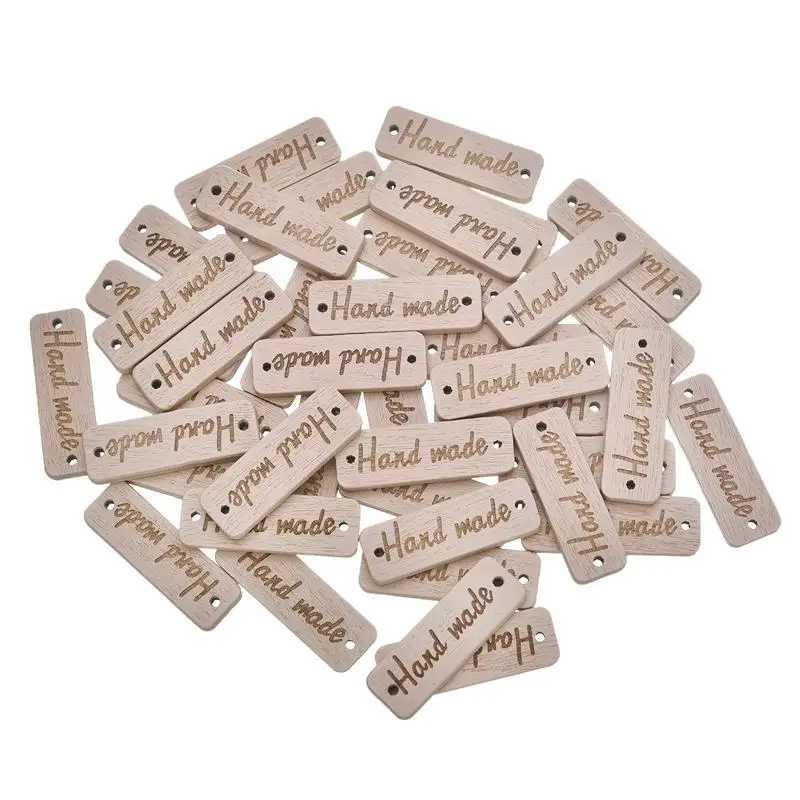 

50Pcs Rectangle Wooden Button "Hand Made" Wood Button Sewing Accessories For Clothes Handmade Scrapbooking Craft DIY 10*30mm