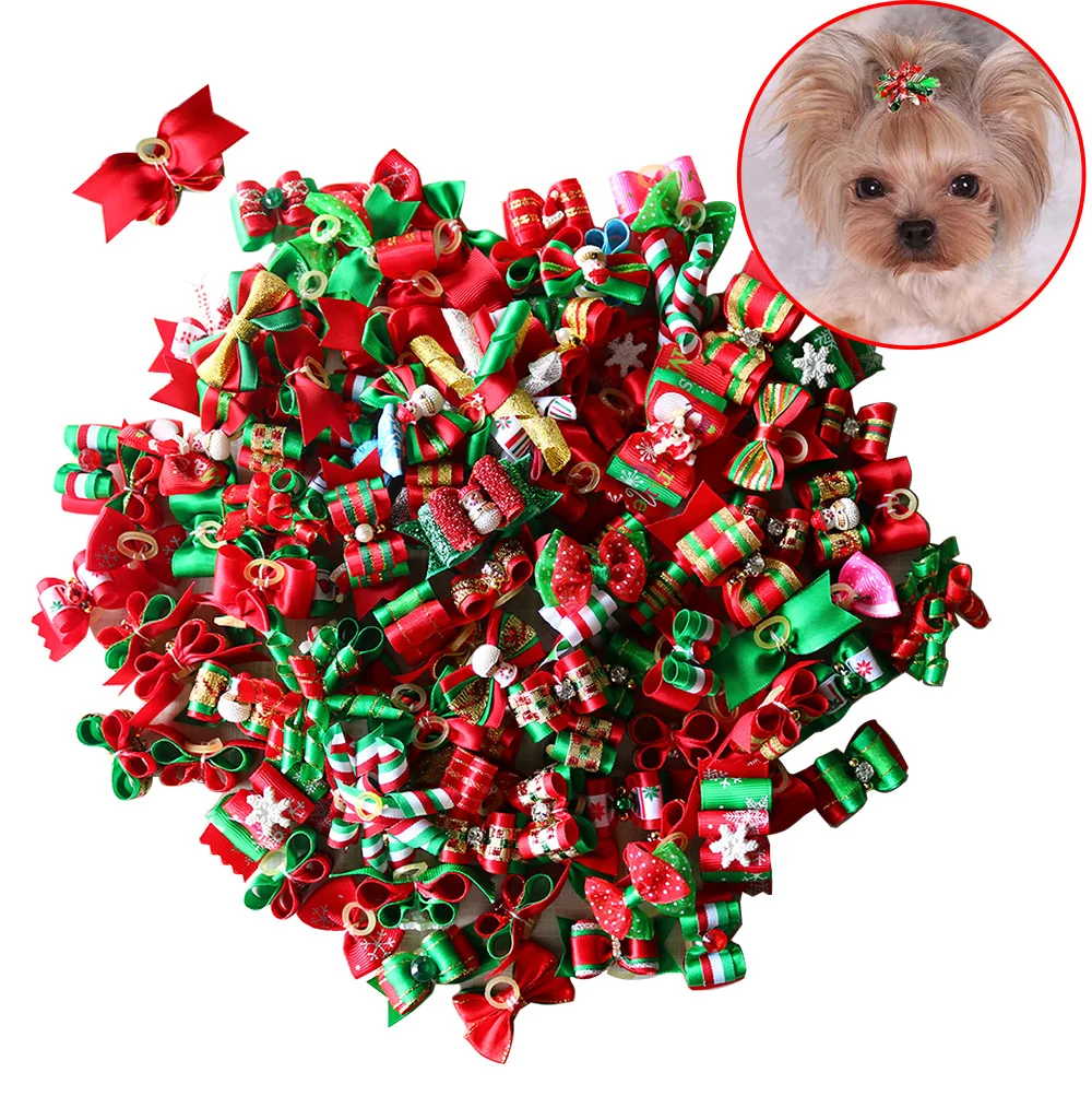50pcs in pairs Christmas Pet Dog Bows Santa Claus Snowman Pet Hair Bows