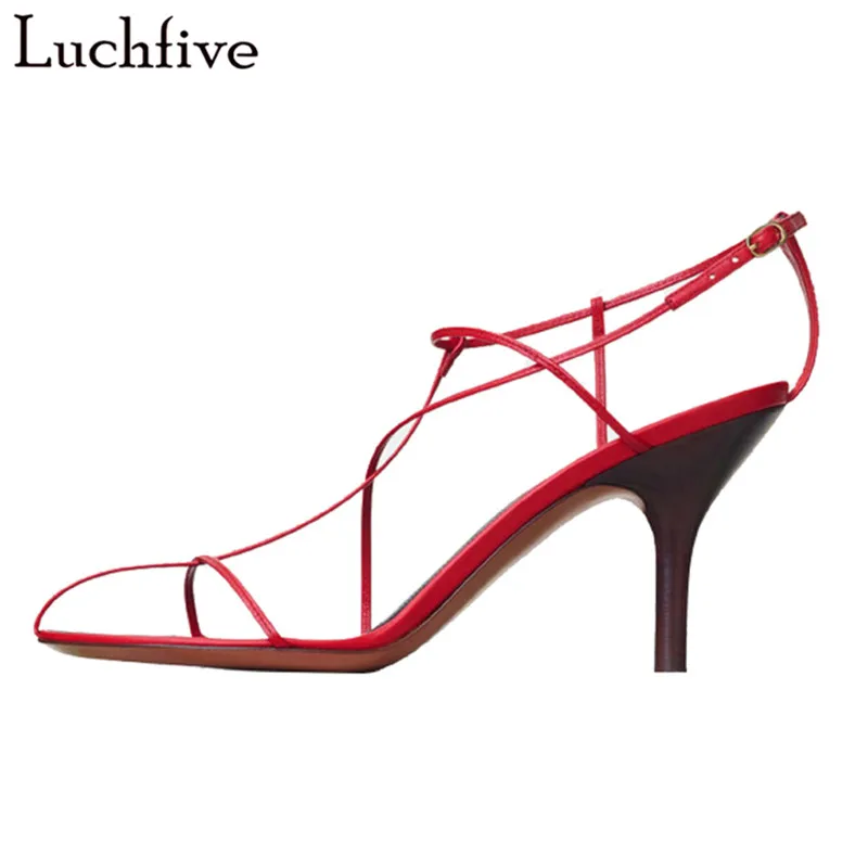 

Luchfive new design red black sandals women high heels one strap open toe cross tied bandage cut out summer shoes women