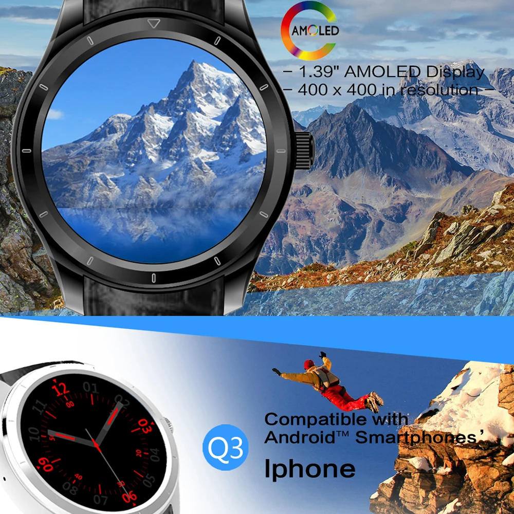 Q3 1.39 Inch Amoled Screen Smart Watch Android 3G GPS WIFI Bluetooth Heart Rate Monitor Smartwatch Men with Leather Strap