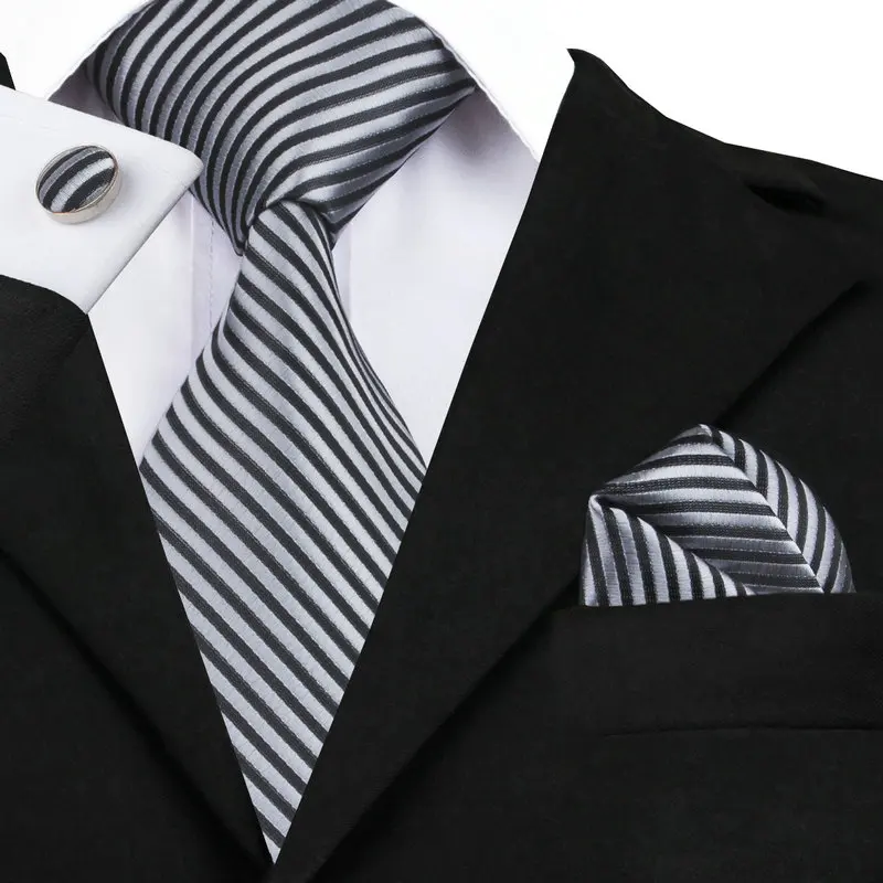 Mens Ties 2016 Stripe Black Silver NeckTie Hanky Cufflinks Set Silk