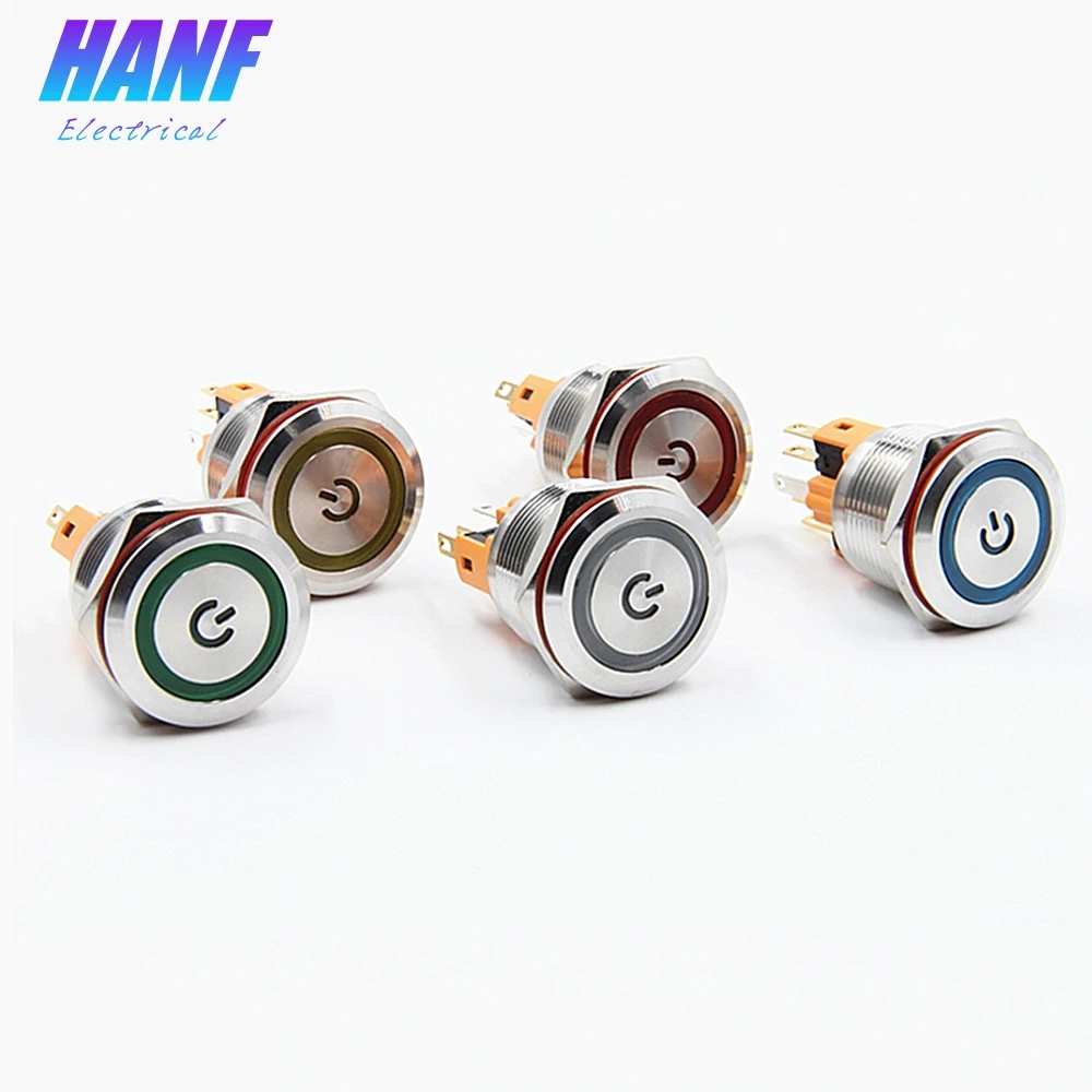 

1pcs 22mm 1NONC LED Ring-illuminated Flat Head Self-reset Metal Push Button Switch With Lamp Power Symbol Pin 6 Terminals