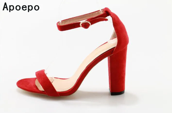 

hot selling summer red suede high heel shoes ankle strap thick heels woman sandal Sexy open toe gladiator sandal woman shoes