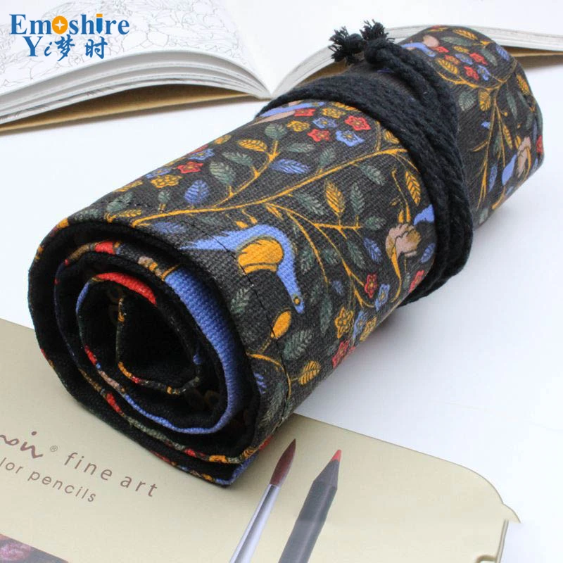 Emoshire Happy tree canvas hand cloth curtains color pencil case men and women pen bag roll stationery (8)
