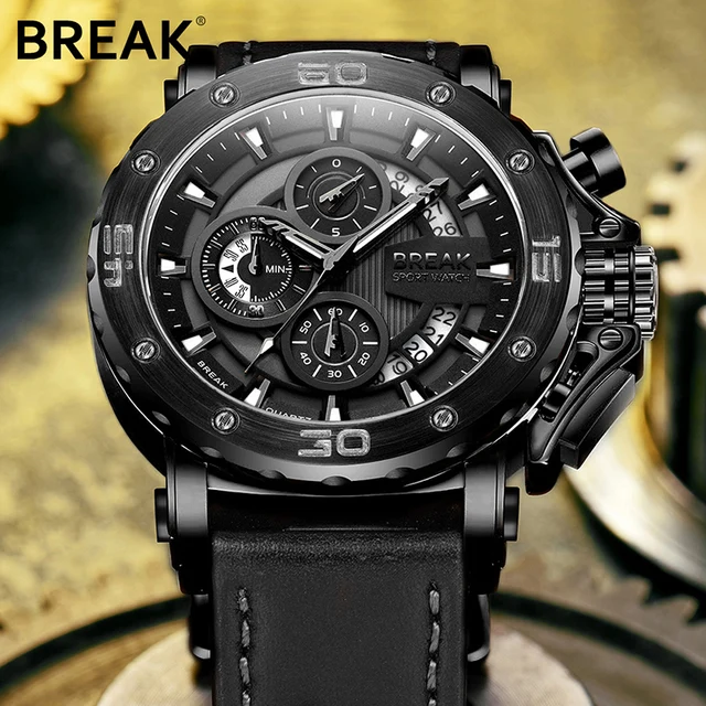 BREAK Top Luxury Brand Fashion Casual Watch Men Chronograph Quartz Military Genuine Leather Relogio Masculino Sport Wrist Watch