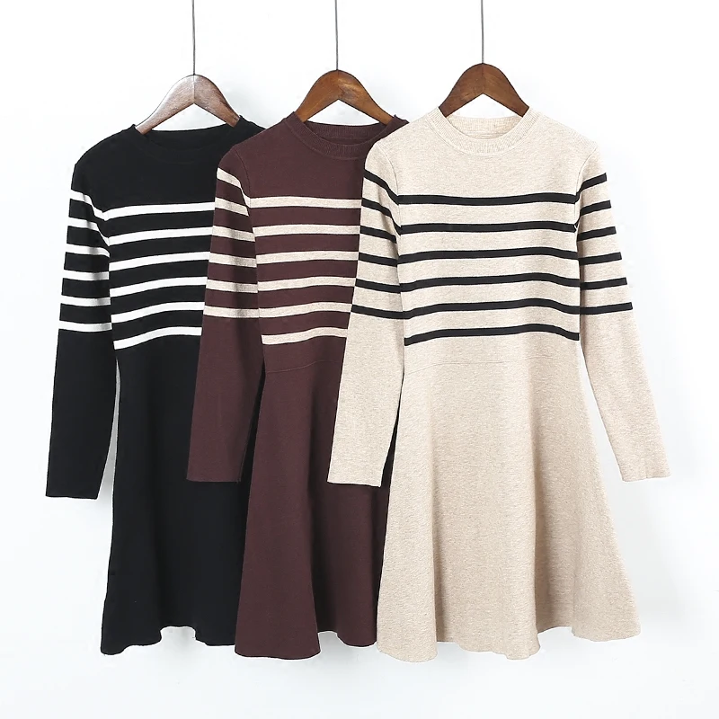 Новинка зимы Винтаж Для женщин модные трикотажные A-Line полосатый Краткое Fit &amp Flare