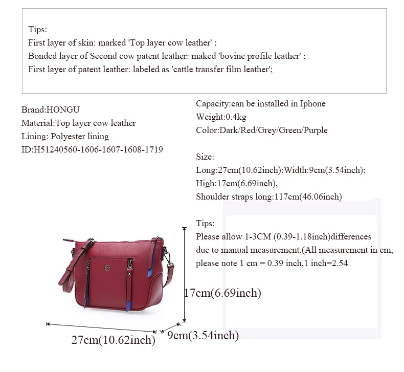 HONGU Fashion Women Top-Handle ShoulderBags Natural Genuine Leather Handbag Tote Lady Crossbody Bag Authentic Girl Messenger Bag  H51240560 (6)