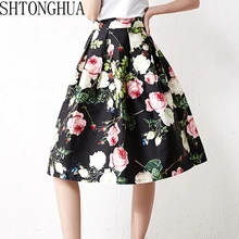 SHTONGHUA женские плиссированные юбки для подиума с модным цветочным принтом летние юбки бальное платье с высокой талией Одри Хепберн Юбка-миди