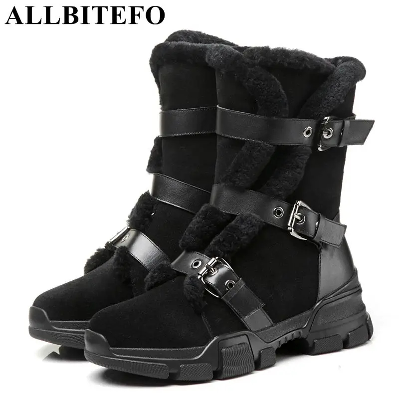 

ALLBITEFO brand natural genuine leather women boots cold winter warm snow boots girls high heel fashion platform ankle boots