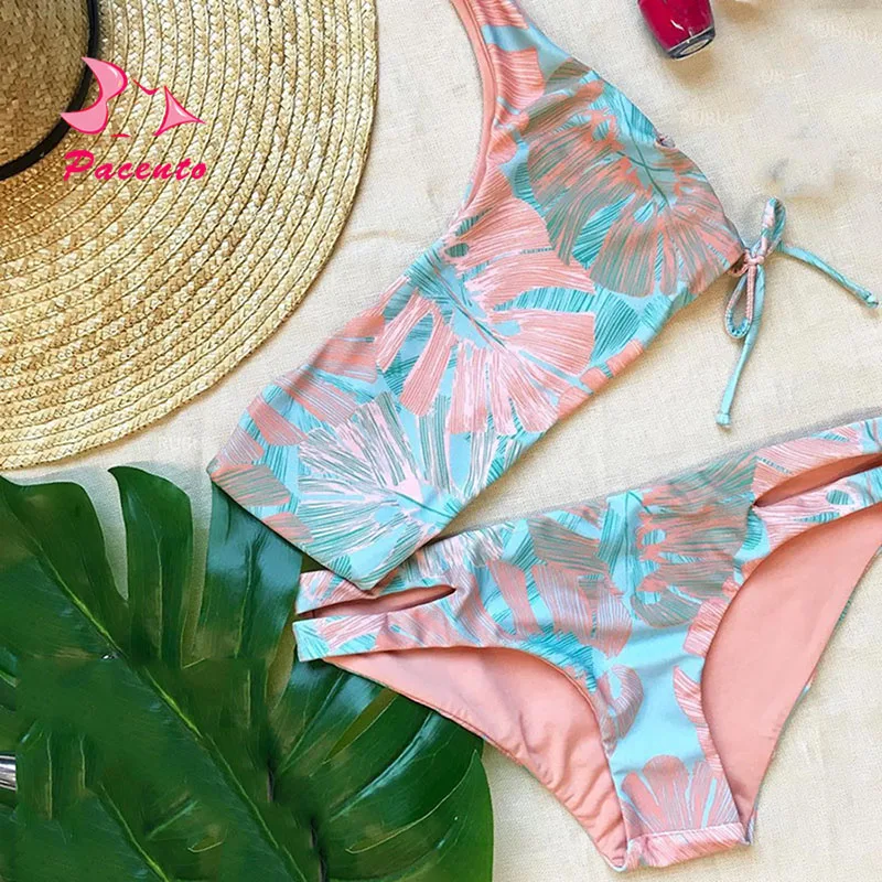 Pacento One Shoulder Bikinis 2018 Mujer Playa Pink Colorful Print Sexy Swimsuit Women Push Up Hollow Out Bathing Suit Bottom