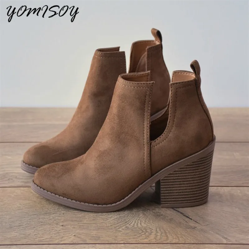 

2018 Women Shoes Spring Autumn Fashion Flock Chelsea Boots Med High Hoof Heels Pointed Toe Female Ankle Length Boots