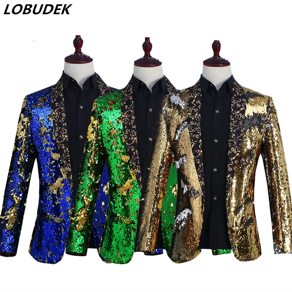 

New Men Sparkly Sequins Jacket Blazers Blue Green Black Red Gold Purple Color Slim Coat Prom Wedding Outfit Singer Host Costumes