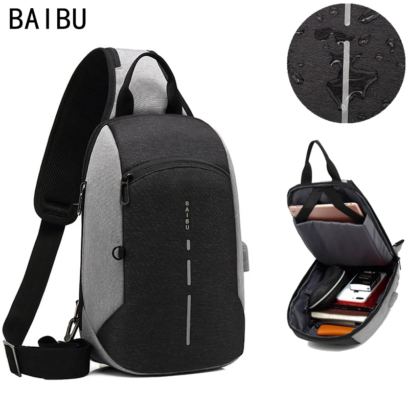 BAIBU جديد متعددة الوظائف الصدر حزمة الرجال عارضة الكتف Crossbody حقيبة USB شحن حقيبة صدر للرجال طارد المياه ipad حقيبة ساعي