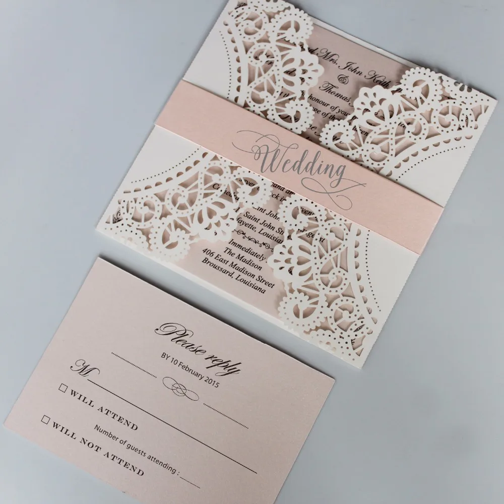  Romantic Wedding Invitation Set Pink Invitation Cards Lace Wedding Invite With Customized wording - - 32904976904