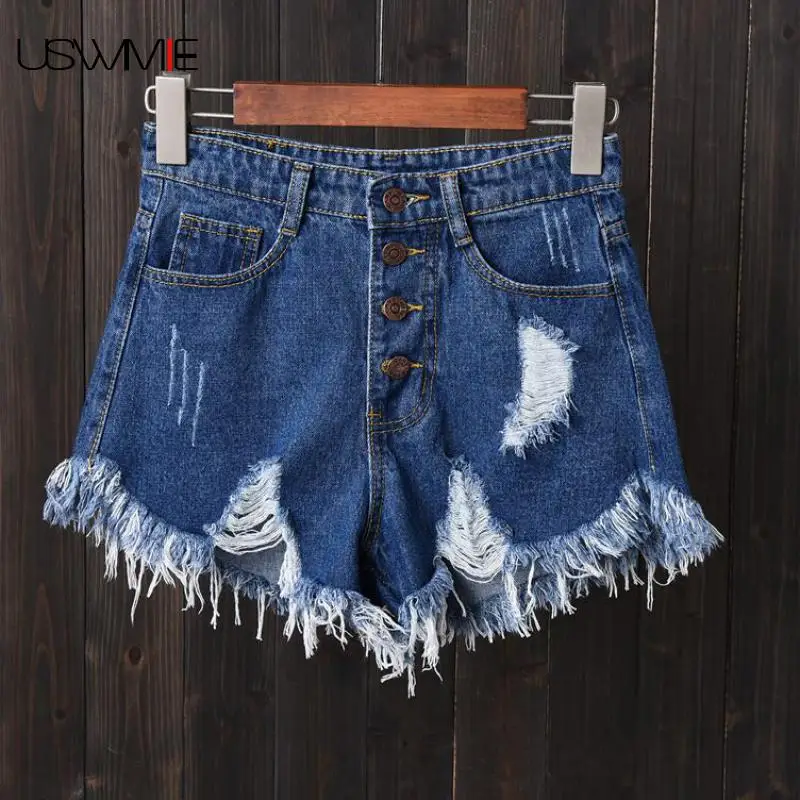 

2019 High Waist Short Jeans Fashion Summer Solid Color Personalized Pockets Broken Burr Cowboy Joker Plus Size Hot Shorts USWMIE