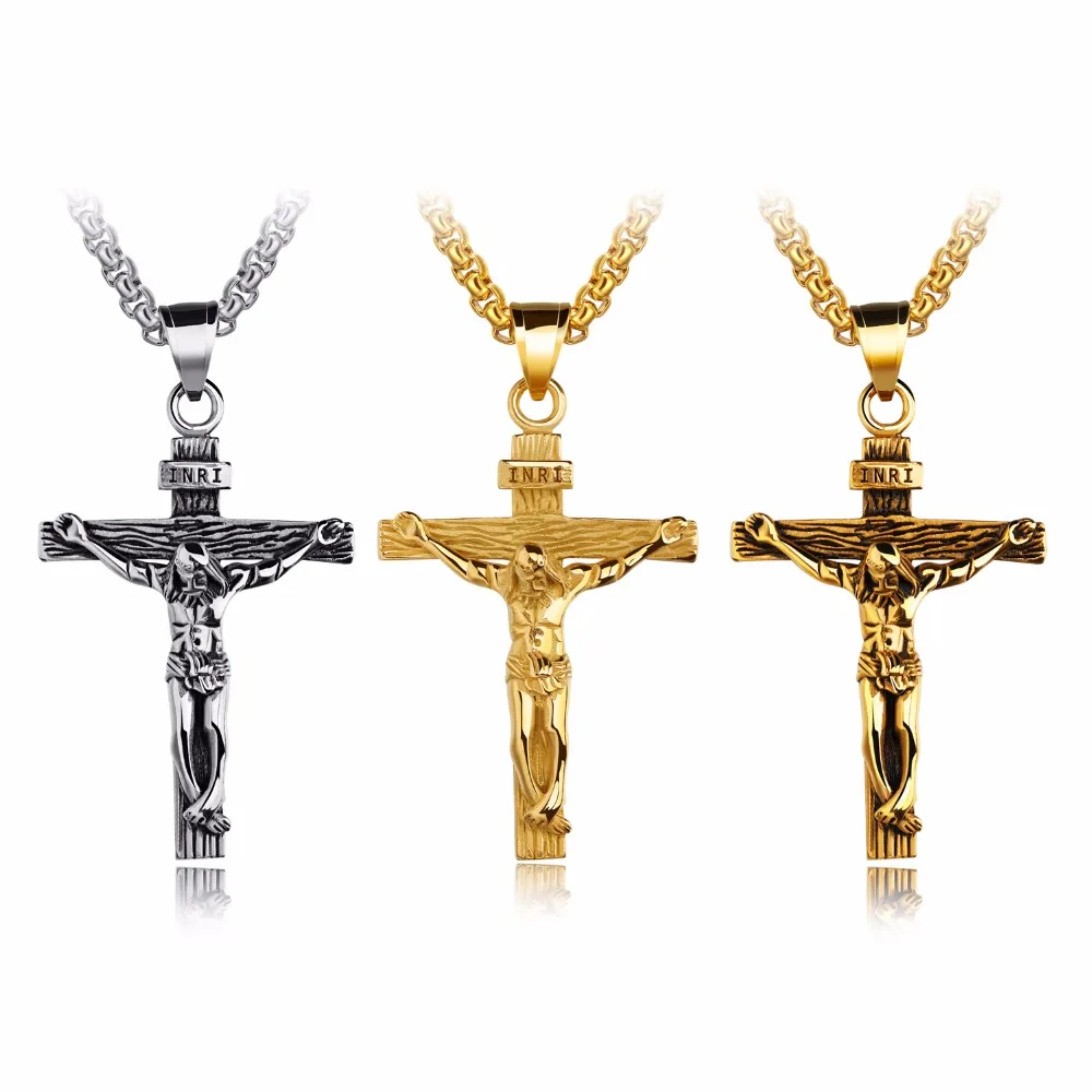 

Antique Cross INRI Crucifix Jesus Cross Pendant Necklaces For Women Men Stainless Steel 3 Colors Chain Jewelry Gift GX810