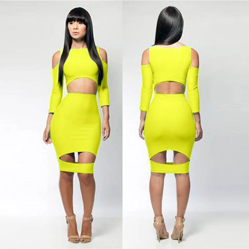 Elegant Women Summer Dress Long Sleeves Cut Out Solid 6 Colors O-Neck Bodycon Knee-Length Dress Party Vestido De Festa for Women (7)