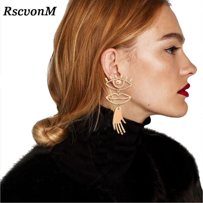 

Abstract Art Gold Color Chic Palm Statement Dangle Earrings Hyperbole Big Eyes Tassel Earring For Women Fashion Bijoux 2018