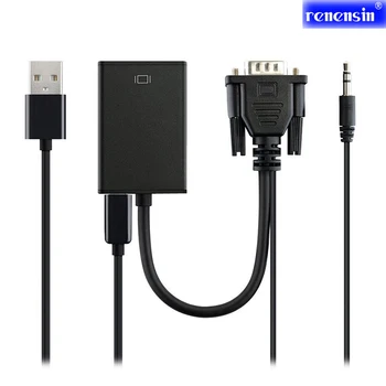 

Renensin 1080P VGA to HDMI converter cable adapter with audio power supply for PC laptop to HDTV Projector With built-in chipset