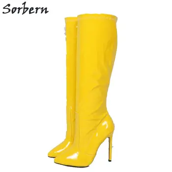 

Sorbern Yellow Women Thin Heels Boots Patent Leather Knee Length Plus Size EU36-46 Botines Mujer 2019 Pointed Toe Real Boot