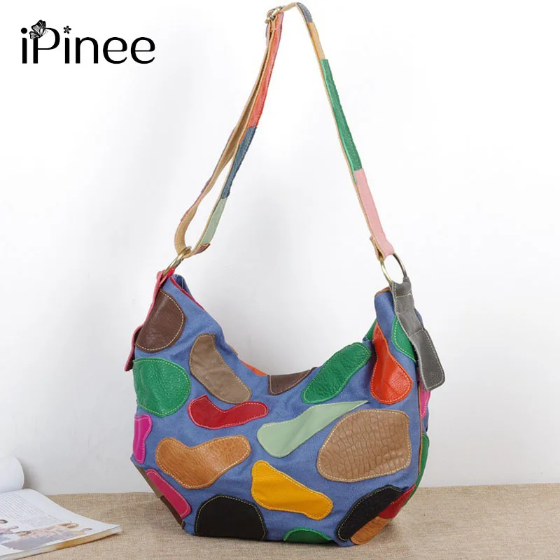 

iPinee 100% Genuine Natural Leather Patchwork Handbag Women Messenger Bag Colorful Crossbody Shoulder Bag