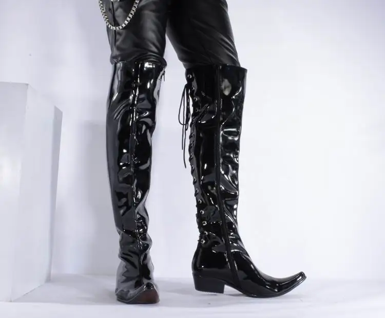 

New Arrival Luxury Mens Over The Knee Boots Patent Leather Pointed Toe Dressing Up Shoes Man Long Tall Pole Dancing Boots
