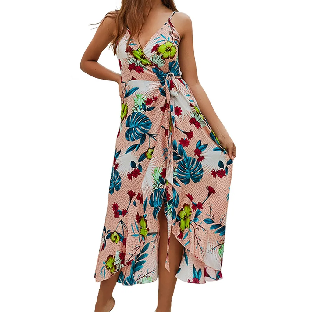 

V-neck new dress fashion print strap summer bohemian long dresses 2019 ladies beach sleeveless dress#D10