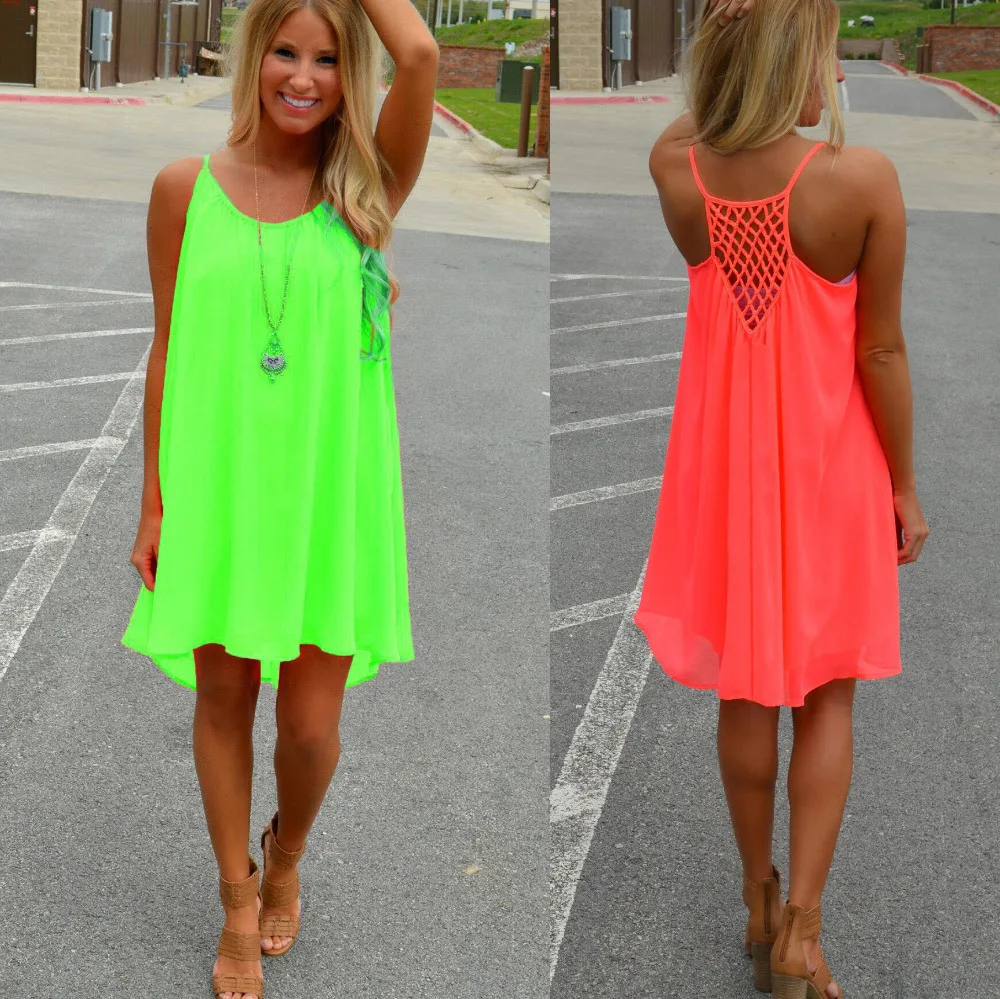 Neon Green Red Fashion 2015 Women Summer Dress Chiffon Casual Loose