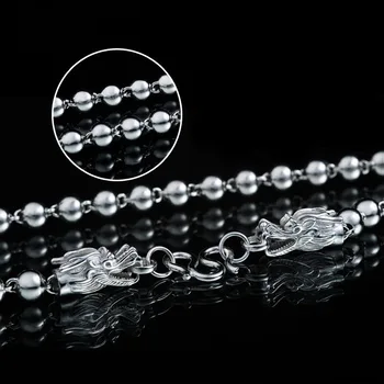 

925 Silver Dragon shape Chain Necklace, 7mm Thick Sterling Silver Beads Strand Necklace, Dragon Charms Necklace