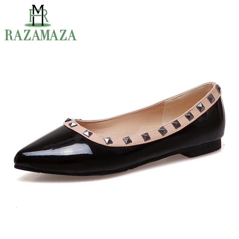 

RAZAMAZA New Fashion Women Flats Shoes Sexy Pointed Toe Basic Shoes Women Rivets Office Lady Daliy Party Footwear Size 32-43