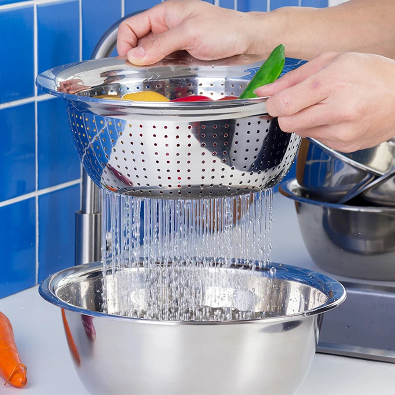 

5Pcs/Set Kitchen 304 Stainless Steel Colander Drain Basket Vegetable Fruit Washing Food Basin Pot Kitchen Cooker Filtering
