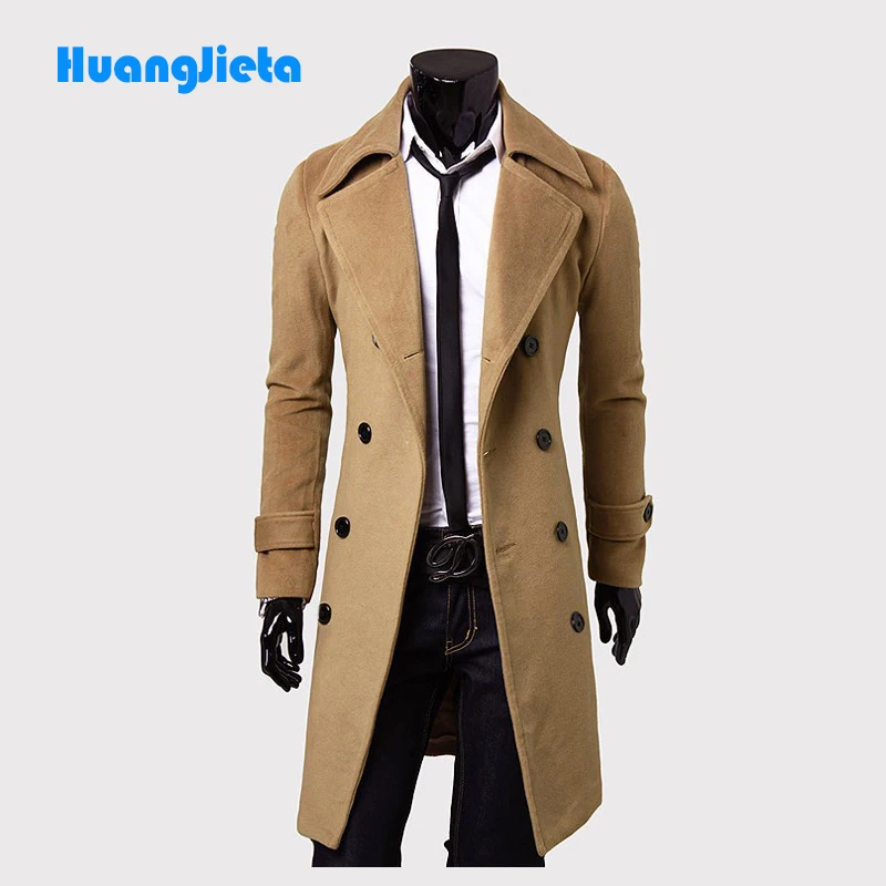 HuangJieta New Arrival Male Men's Winter Warm Wool Blend Trench Coat Double Breasted Fashion Long Overcoats Jackets |