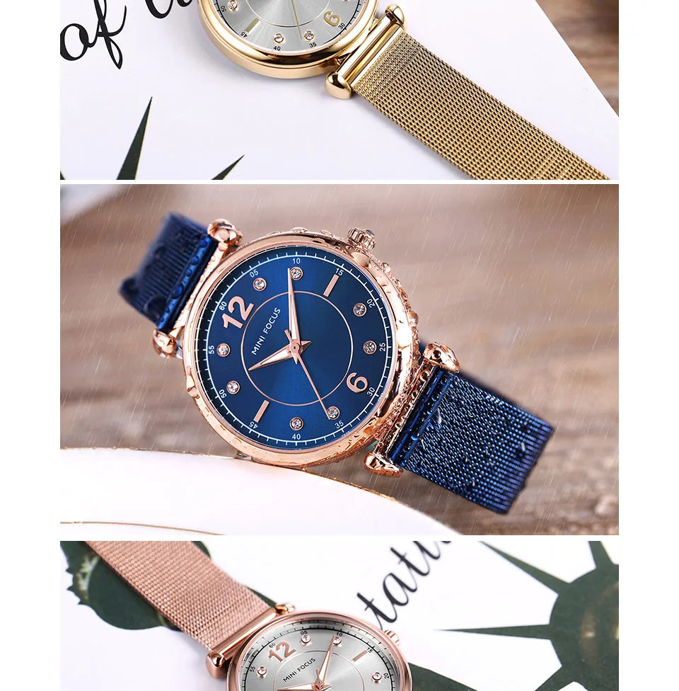 Мини-фокус модные женские часы лучший бренд роскошные розовые золотые сетчатые ремешок Украшенные стразами элегантные женские аналоговые часы