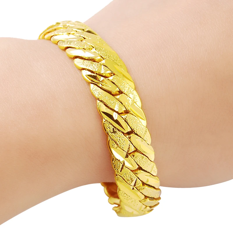 

New Fashion 24K Gold Color Bracelet 12MM Yellow Gold Golden Bracelet Men Wedding Gift Free Shipping H006
