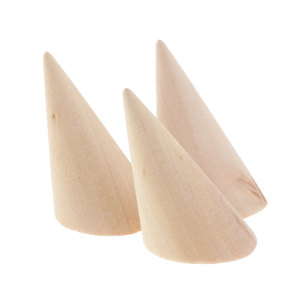 3pcs Handmade Small Unpainted Plain Natural Wood Cone Ring Display Stand for DIY Crafts Decoupage