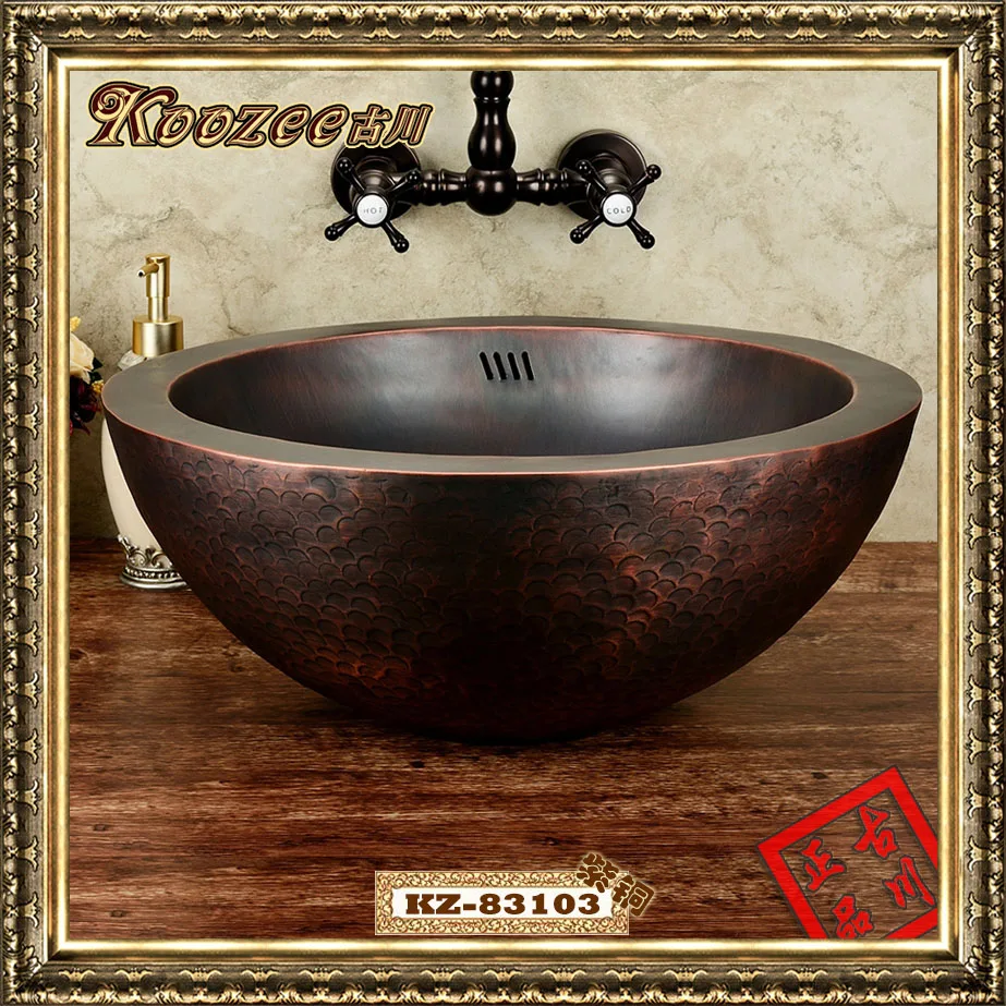 

All copper basin artistic stage retro handmade circular bathroom sink double overflow