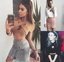 NEW Arrivals Women V-Neck Cross Bandage Slim Tops T-shirts Long Sleeve Short T-shirt Hot