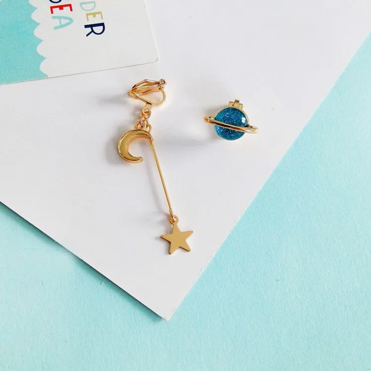 

Lovely Moon Stud Earrings Blue Universe Stars Both Sides Asymmetric Tassel Earrings Women Earrings Jewelry
