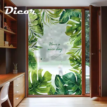 

DICOR Tropical Jungle Style Glass Film Green Leaves Window Sticker Transparent Opaque Bathroom Glass Door For Home Decor BLT1249