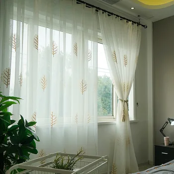 

Junwell 1 PC Cotton Linen Fabric Panel Curtains Transparent For Living Room Leaf Embroidery Curtain Drapes Punching Top