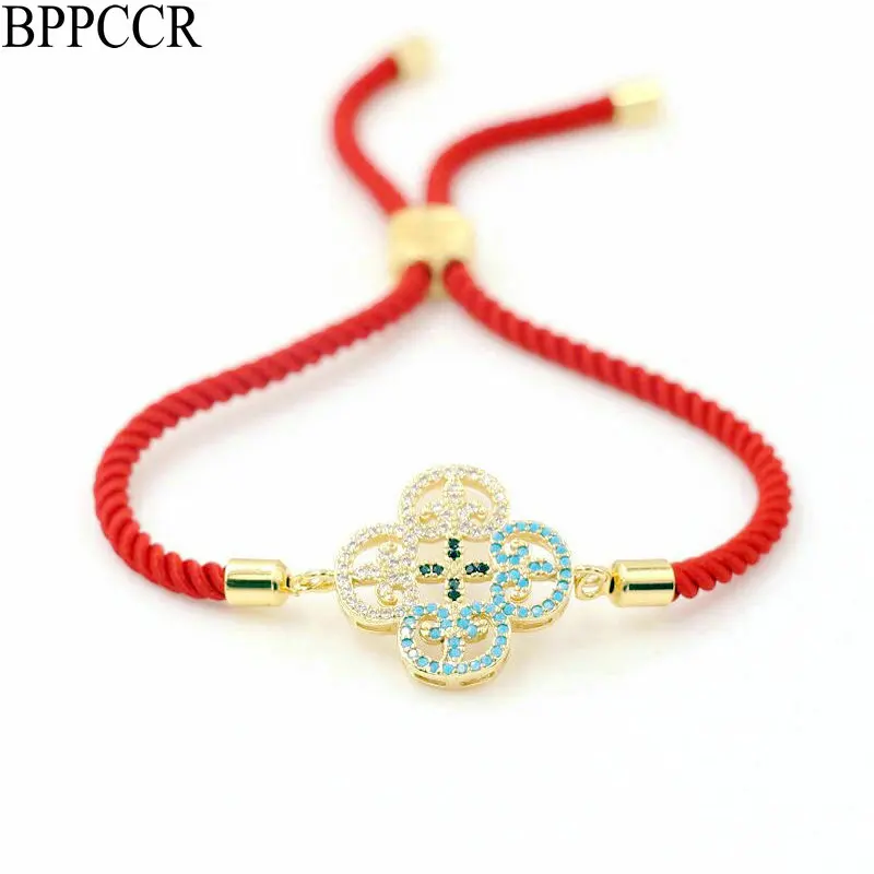 

BPPCCR Minimalism Micro Inlay CZ Lucky Four Leaf Clover Couples Bracelet For Men Women Red Thread Shamrock Bracelets Jewelry