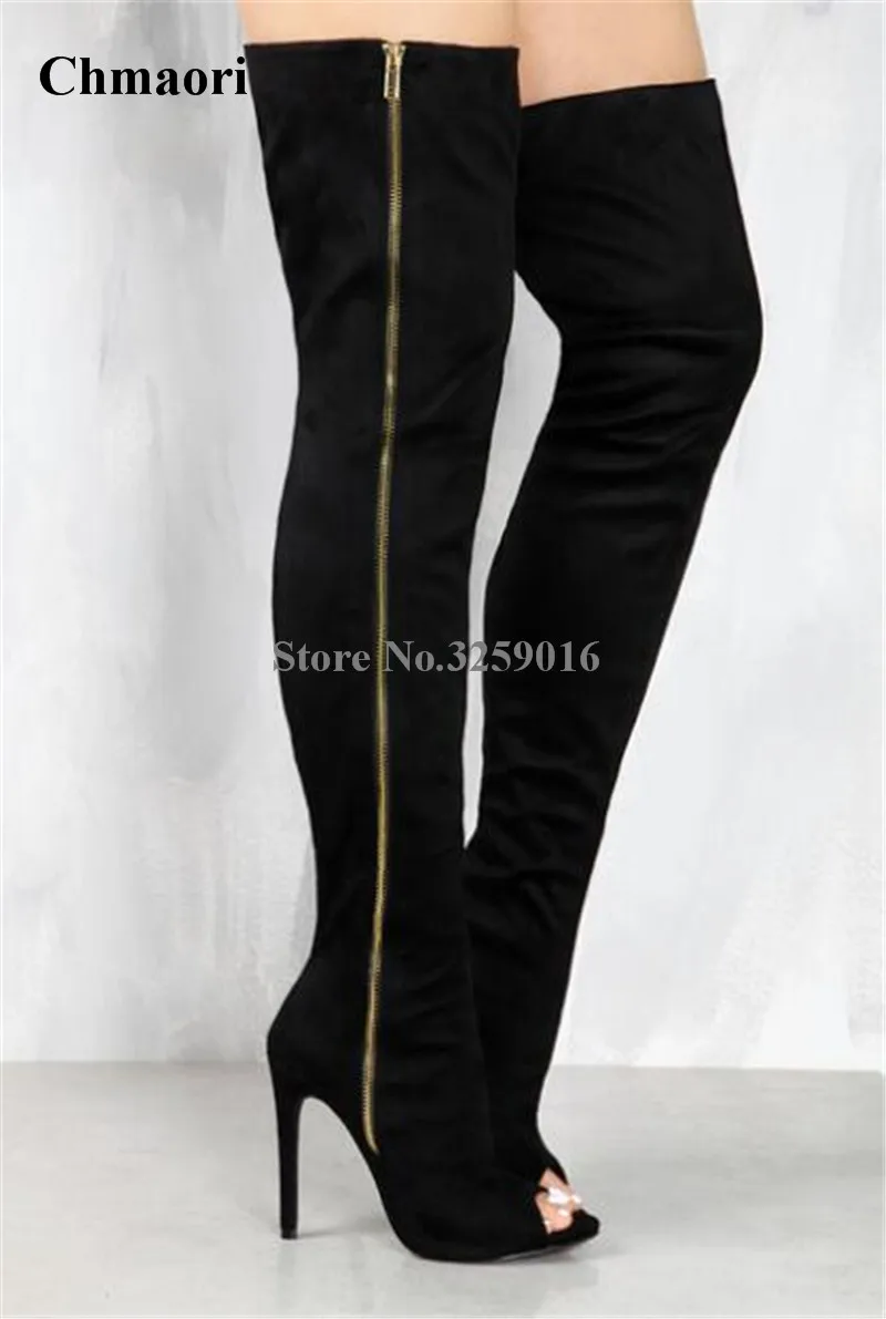 Newest Women Fashion Designer Open Toe Black Suede Leather Over Knee